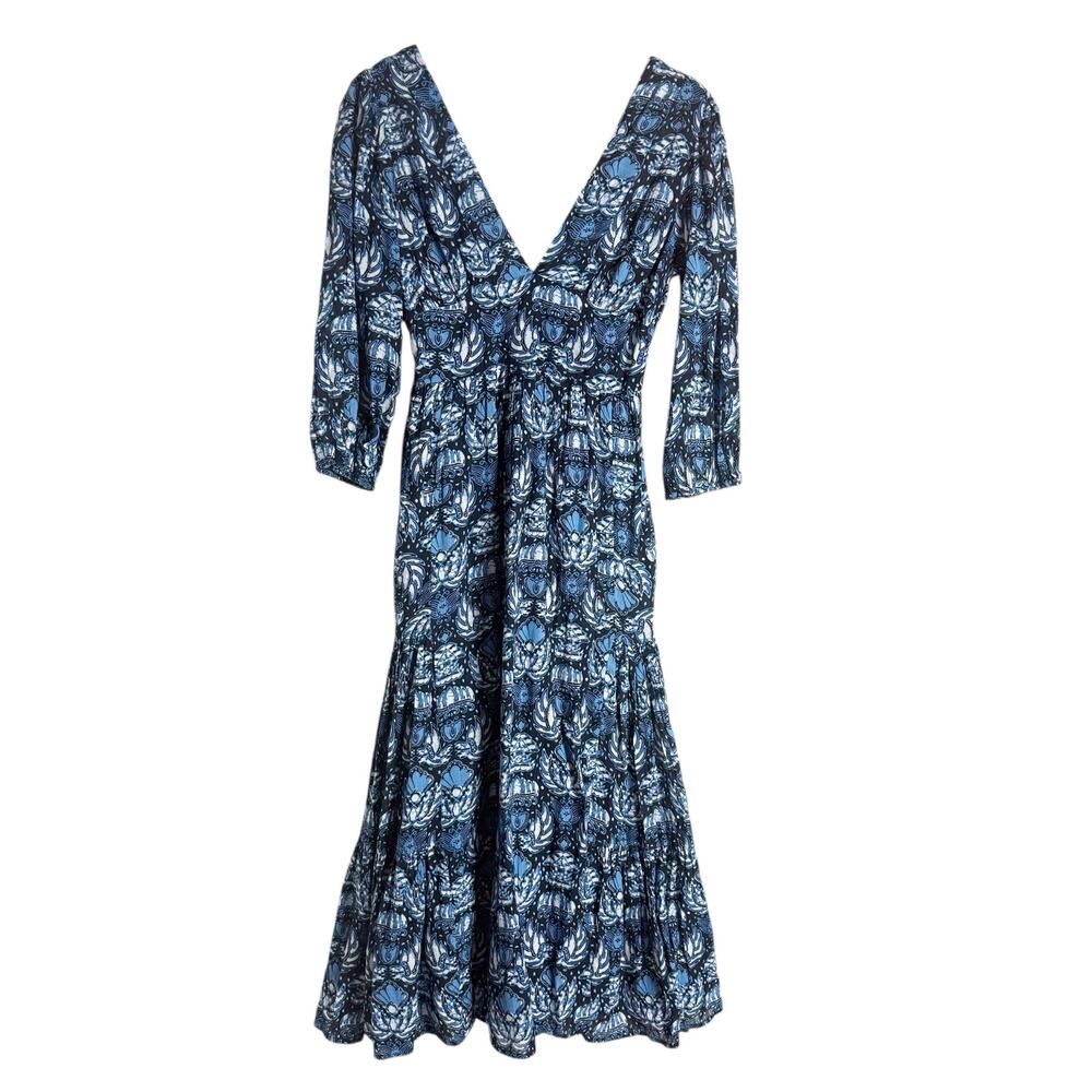 Caroline Constas Blue Printed 3/4 Sleeve V-Neck Long Dress Size Small